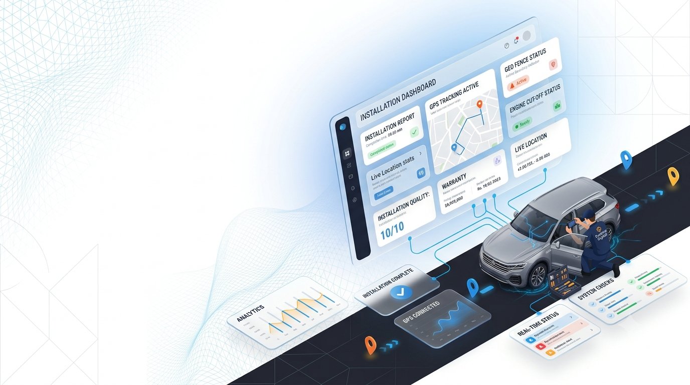 Technician installing a GPS tracker, with an installation dashboard showing GPS tracking status, geo-fence status, engine cut-off status and a 10/10 installation quality score